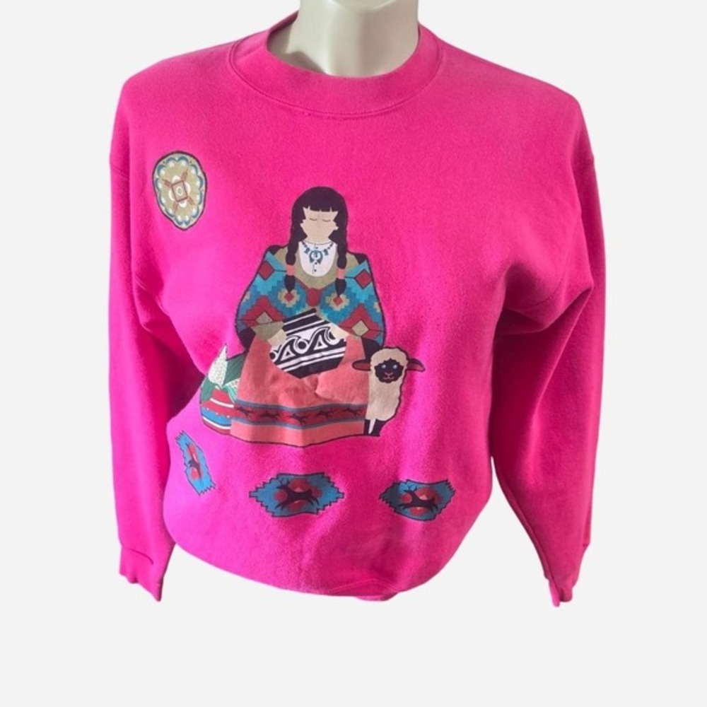 SUPER RAD RETRO EMBROIDERED AZTEC  FABRIC APPLIQUE‎ 90'S CREW NECK SIZE LARGE